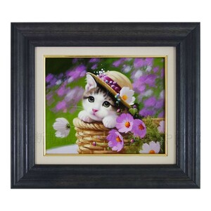 Art hand Auction Oil painting by Taku Nagaoka My hat 2022 F3 size with frame Oil painting Realism Kitten Cat Animal painting Original Hand-painted Jigsaw puzzle Guaranteed authentic, Painting, Oil painting, Animal paintings