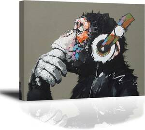 Art hand Auction Mono escuchando música lienzo pintura Banksy Animal moderno pintura decorativa chimpancé Graffiti PIY PINTING Art, Obra de arte, Cuadro, gráfico