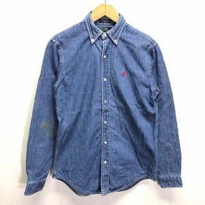 (^w^)b USA製 POLO RALPH LAUREN ポロ ラルフ ローレン 80s 90s ヴィンテージ デニム シンプル ボタンダウン シャツ ロゴ 刺繍 8862iE