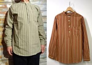 【定価2.2万円 新品同様】DAPPER'S ダッパーズ Lot1540 Classic Long Placket Pullover Work Shirts ストライプ プルオーバーシャツ 36 茶