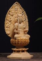 仏教美術 精密彫刻 仏像 手彫り 木彫仏像 文殊菩薩座像高さ約28.5cm_画像2
