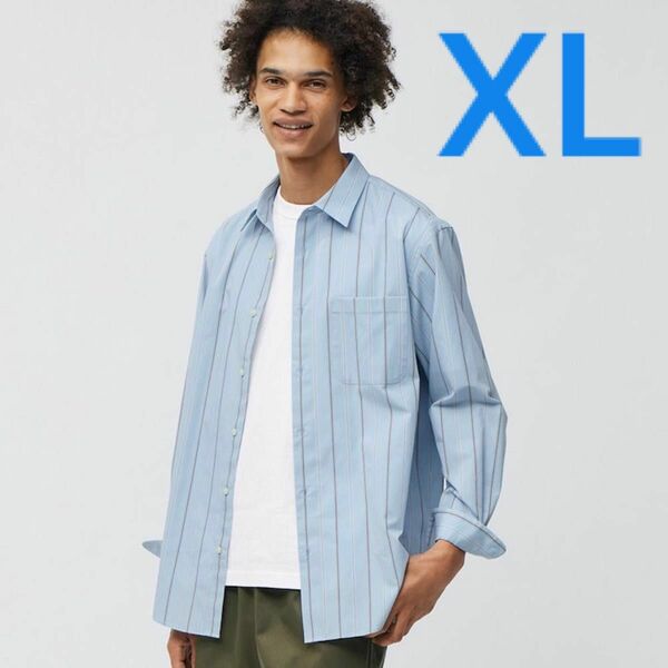 新品 GU MEN XLsize BLUE ブロードシャツ [長袖] ストライプ