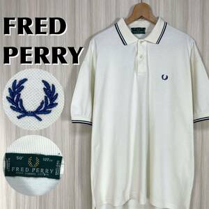 ☆入手困難☆希少カラー☆サイズ50☆ビッグサイズ☆FRED PERRY フレッドペリー 刺繍 月桂樹 鹿の子 半袖ポロシャツ アイボリー 3XL 古着