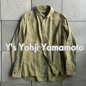 【Y's Yohji Yamamoto ワイズ ヨウジヤマモト】テープ装飾 リネン麻 シャツ 1 カーキ