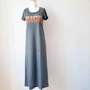 新品★リッチrich rithロング丈ワンピースTシャツ マキシ丈グレー半袖カットソー ワンピース オレンジ プリントMサイズ パームツリー ヤシ