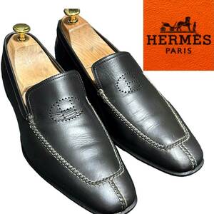 【美品】HERMES エルメス【エヴリン】ビジネスシューズ レザー ローファー エブリン パンチングロゴ ブラック 黒 メンズ 本革革靴 ステッチ