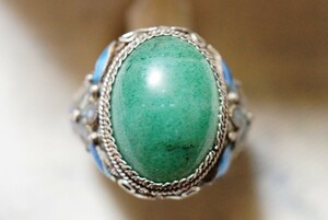 144 天然石 緑石 七宝焼 リング 指輪 ヴィンテージ アクセサリー SILVER刻印 アンティーク 天然石 色石 宝石 カラーストーン 装飾品
