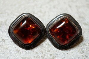 1002 natural amber earrings both ear .. Vintage accessory natural stone amber ko Haku color stone antique ear decoration ornament 