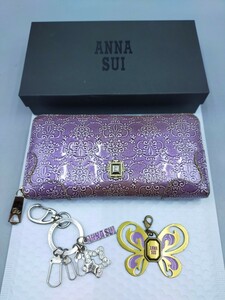 0ANNA SUI Anna Sui long wallet charm key holder set long wallet purple butterfly rhinestone 