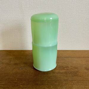 ヴィンテージ　ミルクガラス　コットンポット　2段　/ 小物入れ　ガラス瓶　収納　硝子　グリーン　当時物