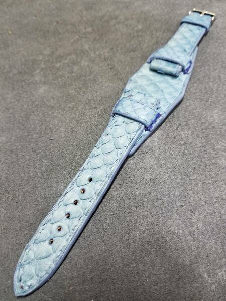 セール品 20mm 本物 パイソン革 (両面) BUND スカイブルー(少しグレーより)Xマリンブルー genuine python leather