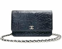 CHANEL シャネル カメリア チェーンウォレット 長財布 ショルダーバッグ ラムスキン ココマーク CCマーク ブラック系 シルバー金具 18番台_画像1