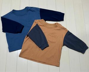 2枚セット 80サイズ ユニクロ ロンT エアリズム バイカラー ポケット 春 長袖Tシャツ カットソー バイカラー キャメル 秋