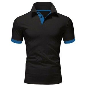 ポロシャツ メンズ 半袖 ゴルフウェア 鹿の子 スポーツウェア アウトドア 2色 アクセントカラー ブラック&ブルーSサイズ