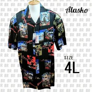 新品　【Alasko】　４Ｌ　ブラック　レーヨン　アロハシャツ　ワイキキ柄