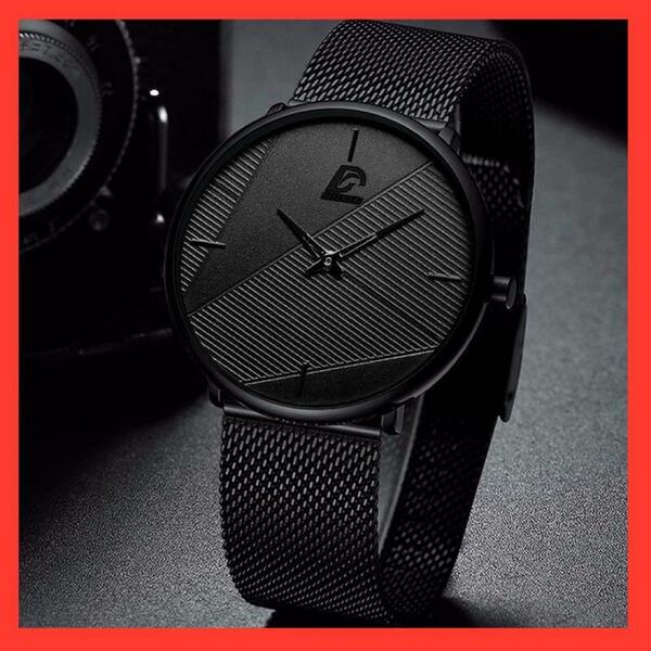 腕時計 超薄型 ステンレス鋼 ステンレスベルト クォーツ腕時計 ブラック