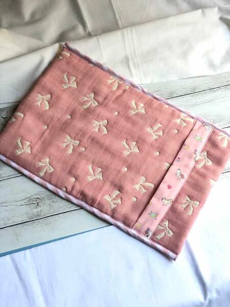 ふんわりガーゼのアイス枕カバー　ハンドメイド　リボン　ピンク　fuwara 