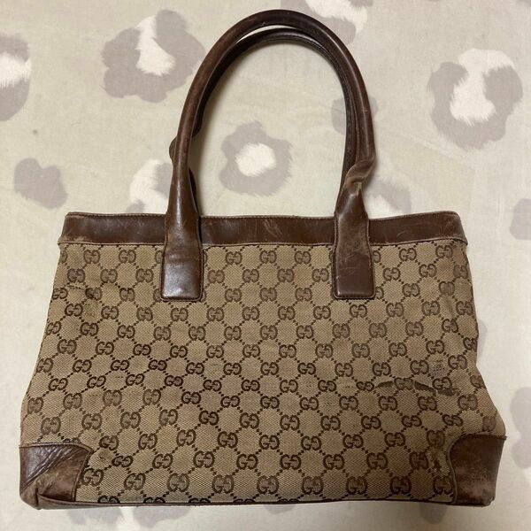 【シリアルナンバー有り】グッチ トートバッグ ハンドバッグ GUCCI GGキャンバス レザー ダメージ有 ベージュ 