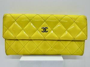 CHANEL/シャネル/長財布/イエロー/黄色/マトラッセ/フラップ/エナメル/現状品/同梱不可