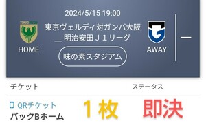 東京ヴェルディ vs ガンバ大阪 バックBホーム チケット １枚 チケット QRチケット 送料無料 ◎最終価格◎ 