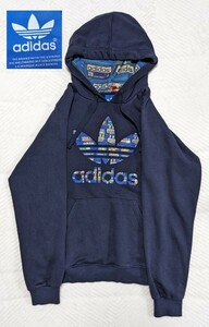 adidas アディダス パーカー デカロゴ マルチカラー フーディー　ネイビースウェット LOGO プルオーバー