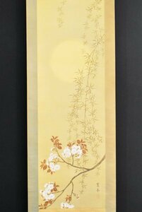 Art hand Auction [정품] B3120 스다 카스테이 수양벚꽃과 흐릿한 달 실크화, 이마오 케이토시가 직접 쓴, 테라사키 히로교의 제자, 니가타 출신, 그림, 일본화, 풍경, 바람과 달