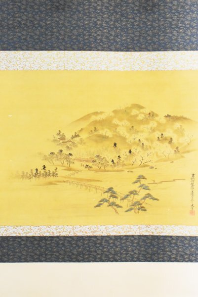 [Authentic] B3099 Tosa Mitsuzane Arashiyama Cherry Blossoms Silk painting, hand-painted, late Edo period, Tosa school painter, Painting, Japanese painting, Landscape, Wind and moon