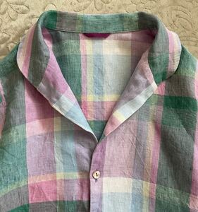palaspa отсутствует лен 100% блуза круг воротник проверка 7 минут рукав пастель незначительный фиолетовый незначительный розовый бледно-голубой зеленый Skipper . кнопка linen2 сделано в Японии 