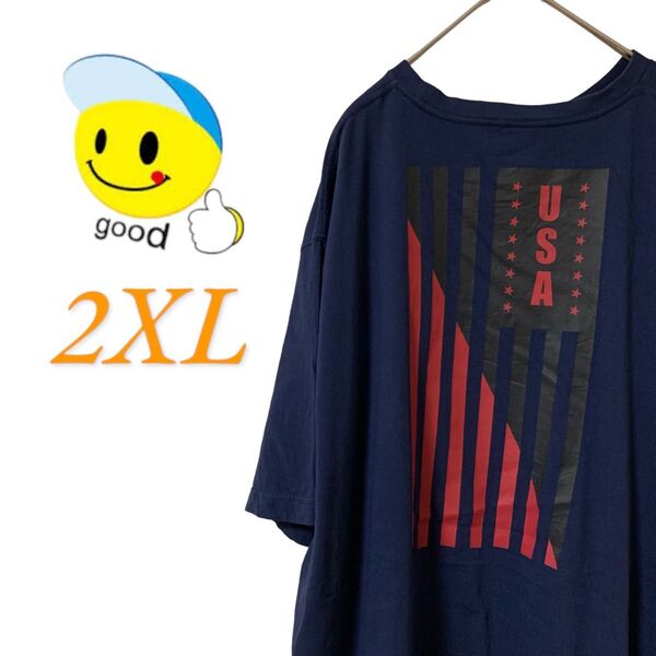 【US古着】グッドデザイン ネイビー 2XL USA Tシャツ 半袖 レギュラーヴィンテージ プリント メンズ レディース