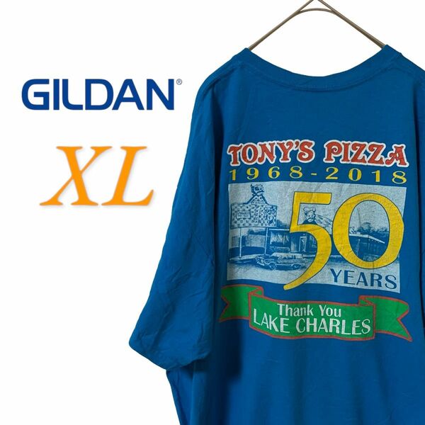 【US古着】GILDAN ギルダン ターコイズブルー XL 企業 キャラクター バックプリント Tシャツ 半袖 メンズ レディース