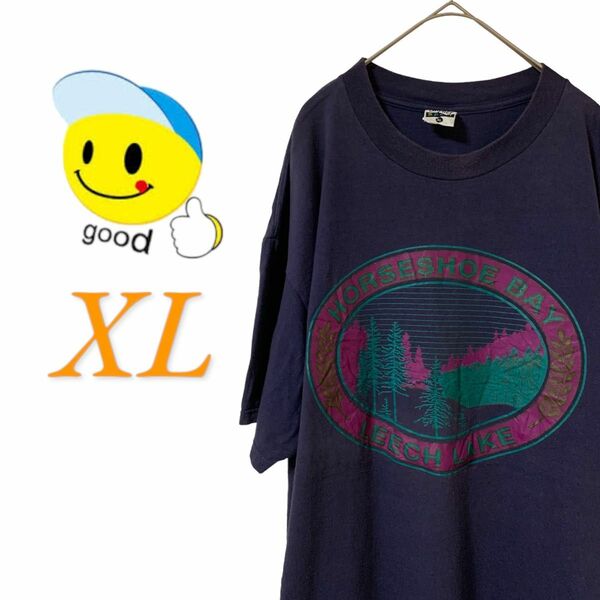 【US古着】グッドデザイン パープル ネイビー フェード XL バックプリント Tシャツ 半袖メンズ レディース