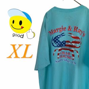 【US古着】グッドデザイン ライトブルー XL バックプリント ポケTシャツ 半袖 レギュラーヴィンテージ メンズ レディース