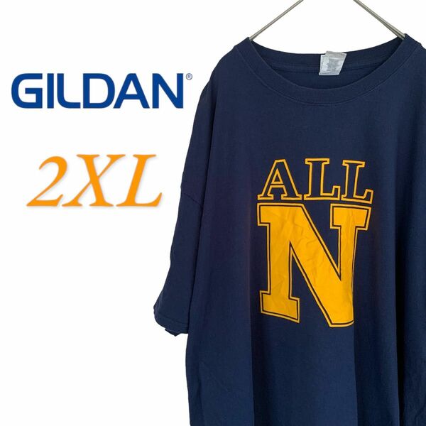 【US古着】GILDAN ギルダン ネイビー 2XL カレッジ Tシャツ 半袖 レギュラー プリント メンズ レディース