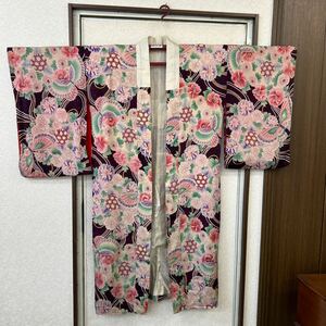 [ antique ] long kimono-like garment .. butterfly . purple silk old cloth remake for 6E-050