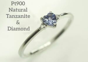  pretty heart motif Pt900 natural tanzanite & diamond ring gv