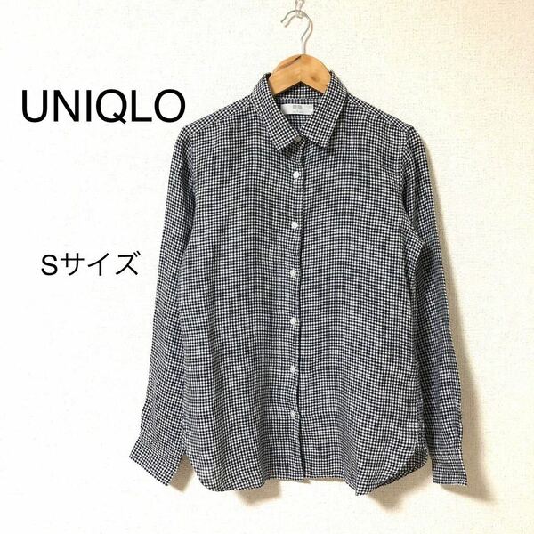 UNIQLO ユニクロ　チェック　シャツ　リネン　ネイビー　Sサイズ