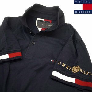 新品 トミーヒルフィガー 100％コットン 刺繍ロゴ ポロシャツ(M)ネイビー ゴルフにも！TOMMY HILFIGER USAモデル /fa194