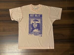 スペシャル1989年モナリザ モザイク柄 ナイキパロディマラソン記念大会TシャツL 薄ピンク アート 偉人 ビンテージ 検フルーツ70s80s90s