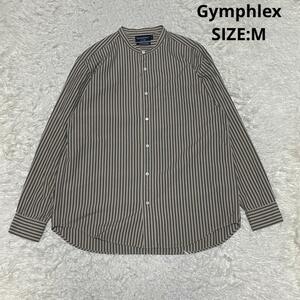 Gymphlex ジムフレックス バンドカラー ストライプ シャツ 長袖 日本製 サイズM ベージュ×グレー ノーカラー カジュアル