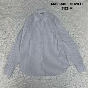 MARGARET HOWELL マーガレットハウエル ストライプ シャツ 長袖 日本製 レギュラーカラー カジュアル サイズM グレー×ピンク