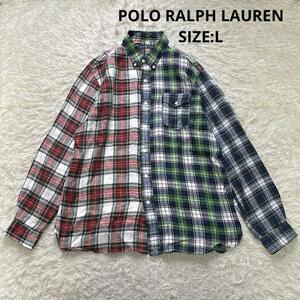 POLO RALPH LAUREN ポロラルフローレン インド製 麻100% クレイジーパターン リネンチェックシャツ ボタンダウン サイズL レッド×グリーン