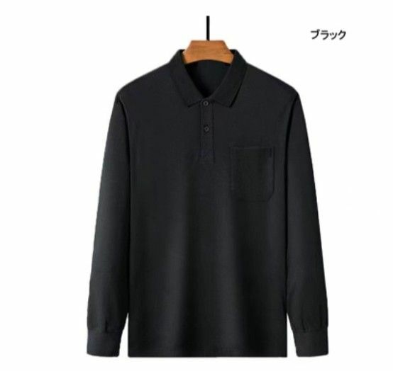 新品 ポロシャツ メンズ 長袖シャツ 春秋 ゴルフウェア ビジネス トップス カジュアル 胸ポケット付き ブラック 黒色