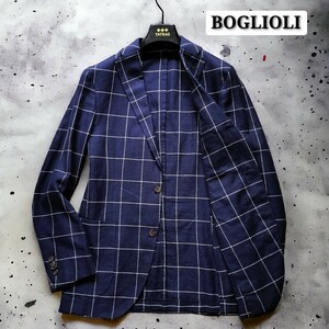 未使用級☆BOGLIOLI テーラードジャケット 最高級リネン 麻 ブレザー 紺ブレ ウィンドウペンチェック 貝ボタン 46 イタリア製 46 春夏 1円