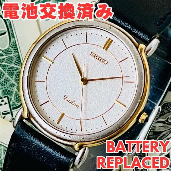 腕時計メンズ電池交換済みセイコーSEIKOドルチェ5E31-6090クォーツ中古アイボリー文字盤ヴィンテージDOLCE美品アナログA0545507