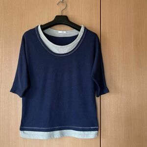 mitis ミティス　カットソー Tシャツ ネイビー ×グレー　5分丈袖　重ね着風