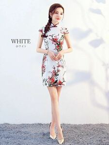 【新品】コスプレ　衣装　ショート丈　チャイナドレス　花柄　白　スリット　撮影