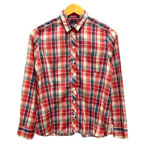 マカフィー MACPHEE トゥモローランド カジュアルシャツ リネン混 チェック柄 長袖 38 赤 レッド 紺 ネイビー レディース