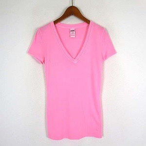 ヴィクトリアシークレット Victoria's Secret PINK カットソー Tシャツ ロゴ ドッグ 刺繍 Vネック 半袖 XS ピンク 小さいサイズ レディース