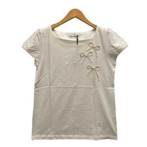 未使用品 ボンメルスリー BON MERCERIE カットソー Tシャツ クルーネック ビーズ 綿 無地 半袖 38 白 ホワイト レディース