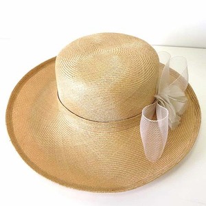 ハナエモリ HANAE MORI HM chapeau 麦わら帽子 ハット つば広帽 ラフィア 帽子 レース リボン 57cm ナチュラル ぼうし 美品